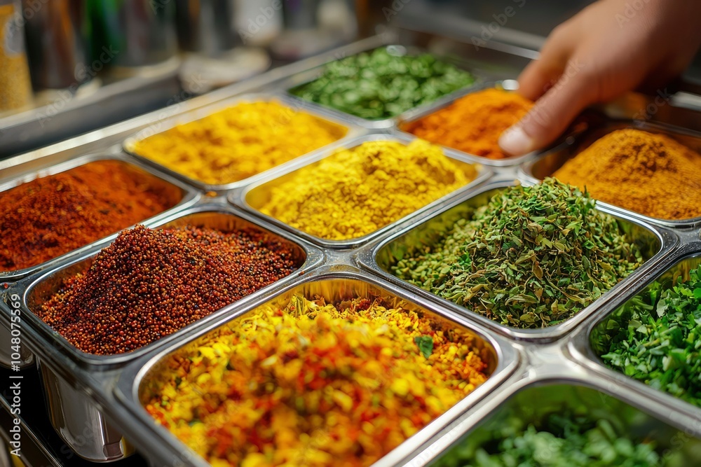 An assortment of spices and herbs in stainless steel containers An assortment of spices and herbs in stainless steel containers
