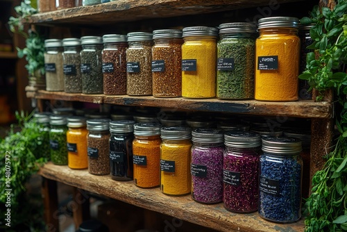 Assortment of Spices and Dried Herbs in Glass Jars on Wooden Shelves