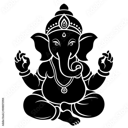 Black and White vector Illustration of the Hindu God Ganesha silhouette isolated on white background.