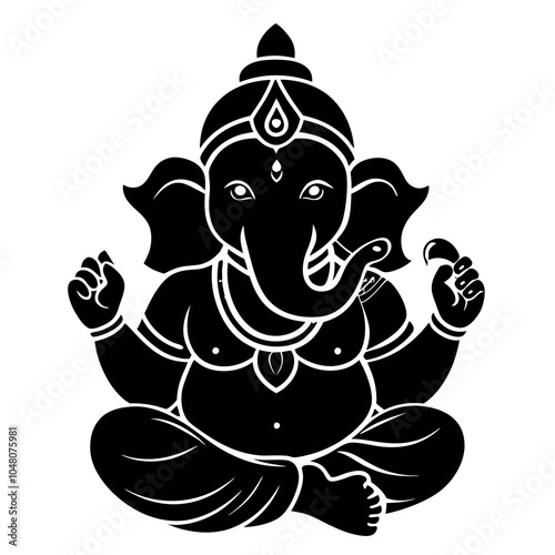 Black and White vector Illustration of the Hindu God Ganesha silhouette isolated on white background.