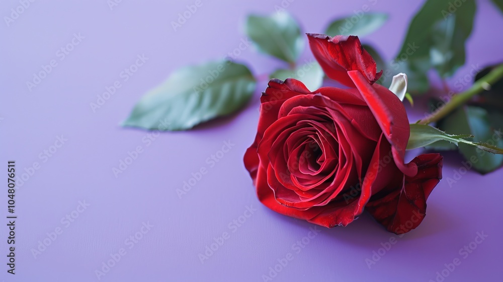 Fototapeta premium A single red rose lays on a purple background.