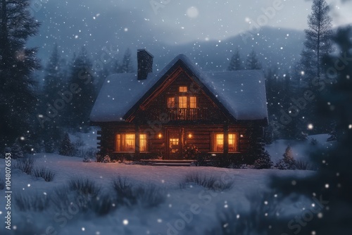 Enchanting Winter Cabin Illuminated by Cozy Lights Amidst Falling Snow in a Serene Snowy Landscape