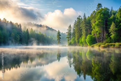 Thick morning fog in summer forest by reservoir