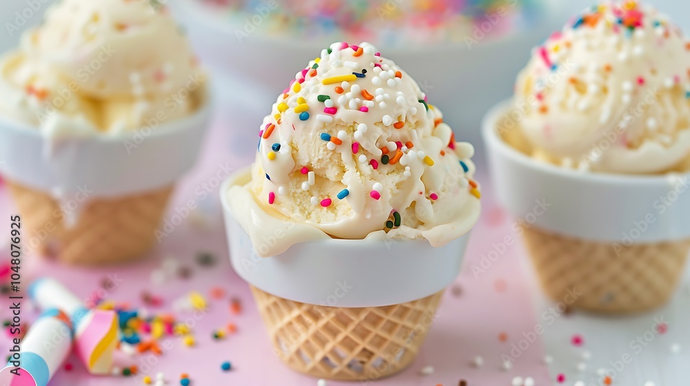 Buttercream ice cream with sprinkles on child birthday party table Buttercream ice cream with sprinkles on child birthday party table