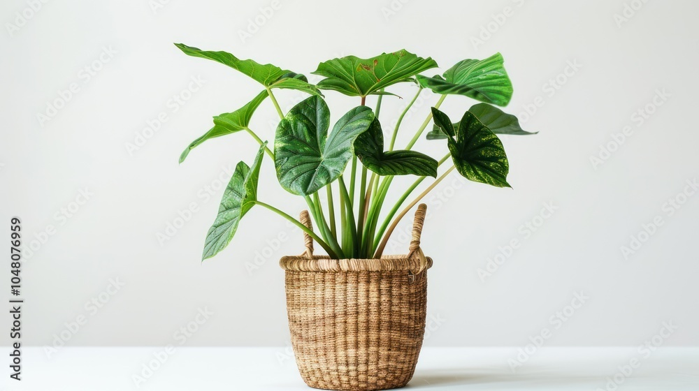 Green Leafed Plant in a Wicker Basket on a White Table Green Leafed Plant in a Wicker Basket on a White Table