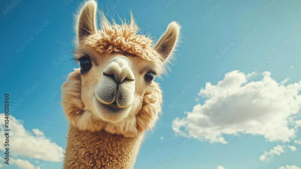 Obraz premium A close-up of a smiling llama against a bright blue sky with fluffy clouds.