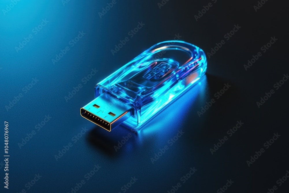 Illuminated usb drive in dynamic glow on dark background