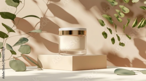 Glass Jar of Cream with Golden Lid on a Beige Platform