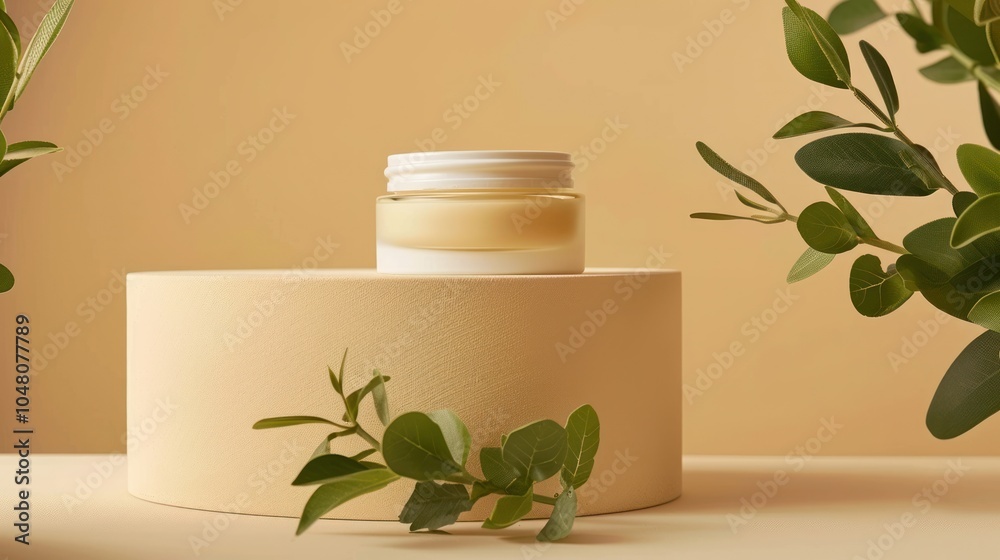 A Jar of Skin Cream on a Circular Pedestal with Green Leaves A Jar of Skin Cream on a Circular Pedestal with Green Leaves