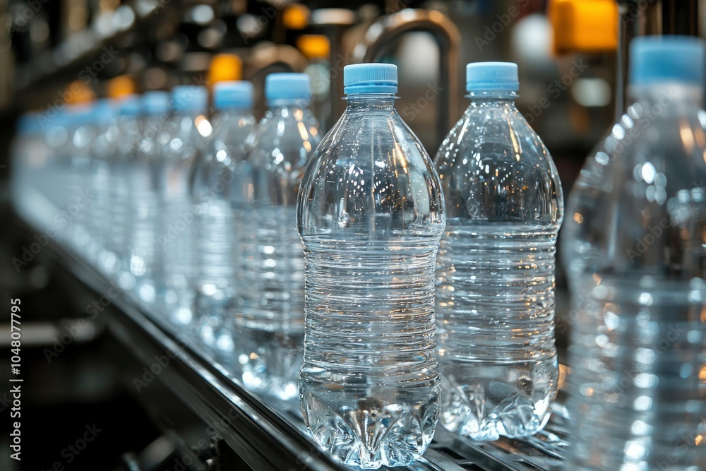 Close-up of water bottles on a production line Close-up of water bottles on a production line