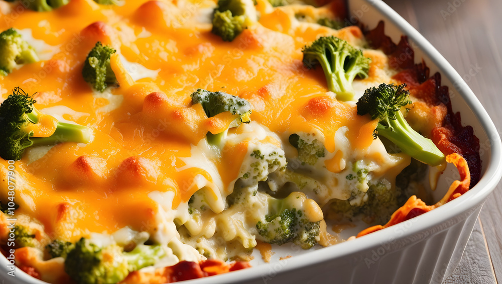 A bubbling broccoli and cheese casserole with melted cheddar cheese on top, golden and crispy around the edges. A bubbling broccoli and cheese casserole with melted cheddar cheese on top, golden and crispy around the edges.