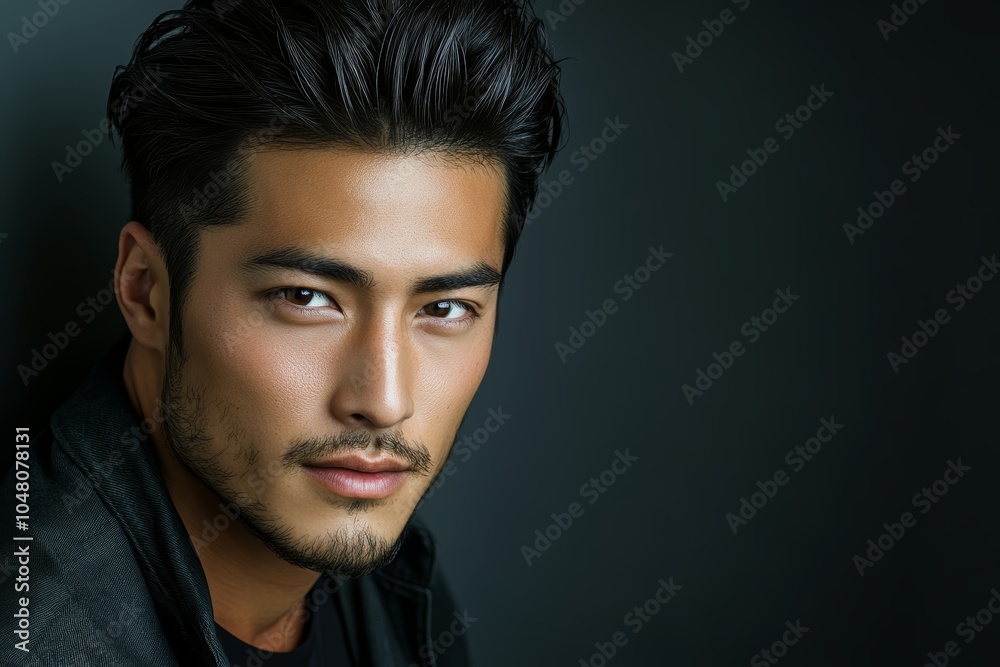 Fototapeta premium 男性のポートレート、ストイックな表情と洗練された髪型、スタジオの黒い背景で撮影された瞬間