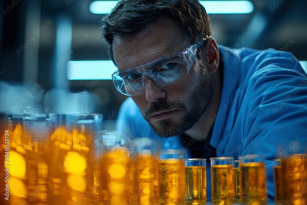A Man Wearing Safety Glasses Leans Over Glassware Filled With a Yellow Liquid A Man Wearing Safety Glasses Leans Over Glassware Filled With a Yellow Liquid