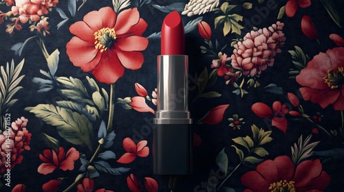 Lipstick mockup on a floral-themed background. photo