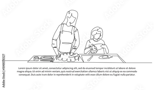 Continuous one line design of a mother and daughter are washing dishes. Minimalist style vector illustration on white background.