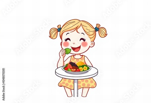 cartoon girl eating a plate of food with a fork and knife. photo