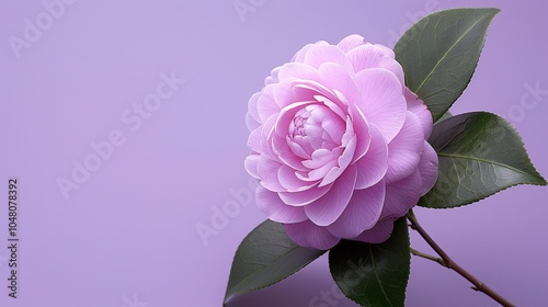 A single pink camellia flower with green leaves against a soft purple background.