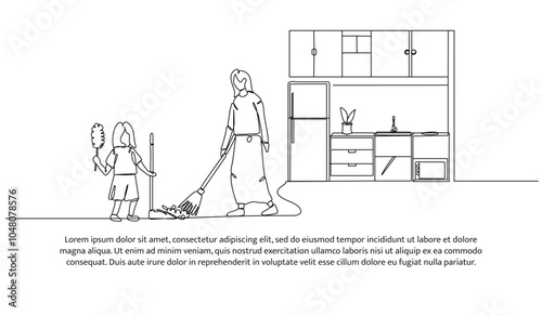Continuous one line design of a mother and daughter are sweeping the kitchen floor. Minimalist style vector illustration on white background.