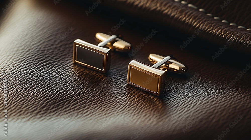 A pair of gold and silver cufflinks placed on a sleek leather background with soft shadows A pair of gold and silver cufflinks placed on a sleek leather background with soft shadows