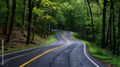 Asphalt road in the forest with foggy morning