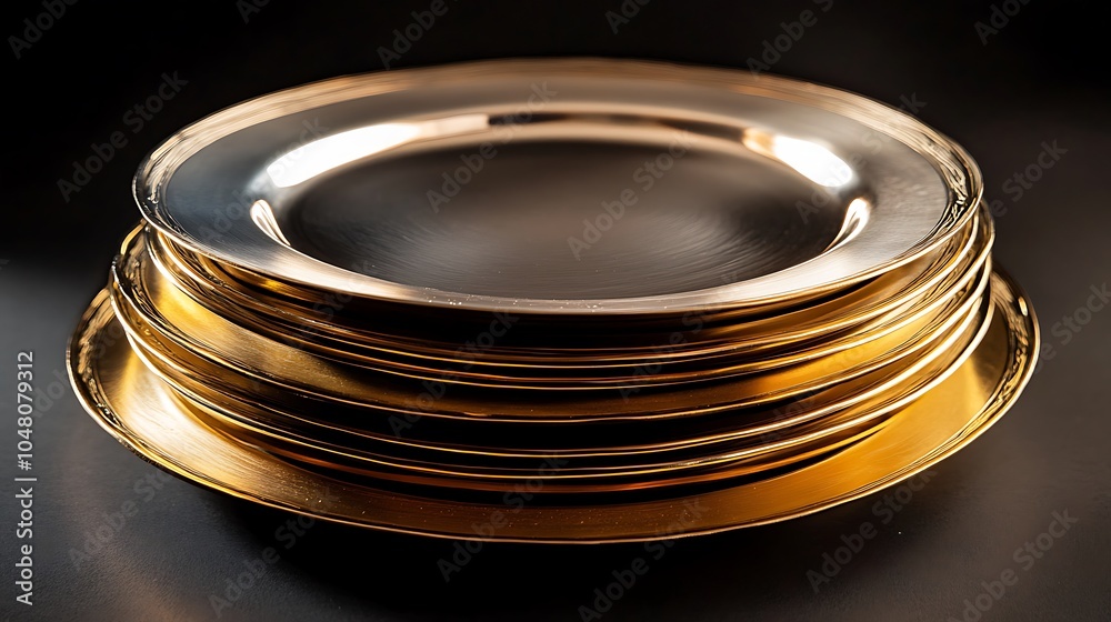 A stack of gold and silver plates arranged symmetrically against a dark background A stack of gold and silver plates arranged symmetrically against a dark background