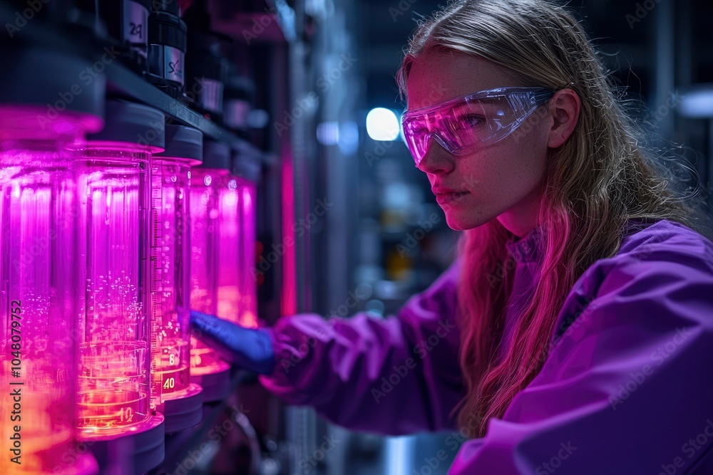Woman in Purple Lab Coat Examining Pink Liquid in Glass Cylinders