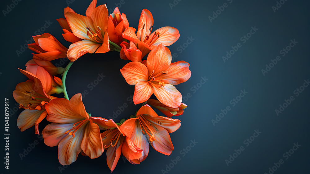 Obraz premium Wreath of orange flowers on black background copy space