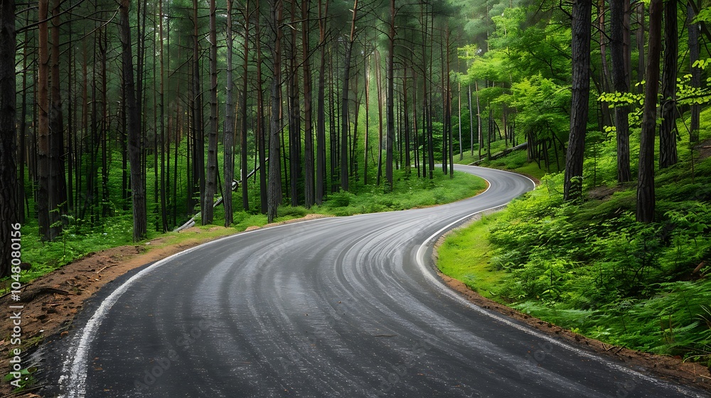 Asphalt road in the forest with foggy morning Asphalt road in the forest with foggy morning