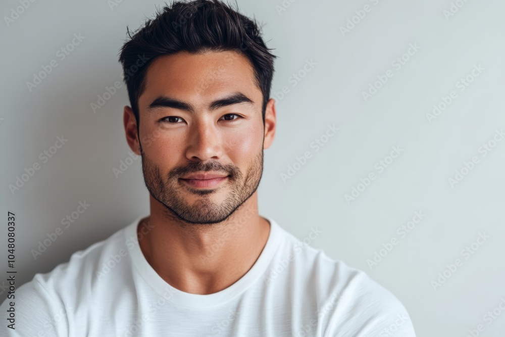 Fototapeta premium 男性が白いシャツを着て微笑み、明るい壁の前で自信に満ちた表情を見せる瞬間