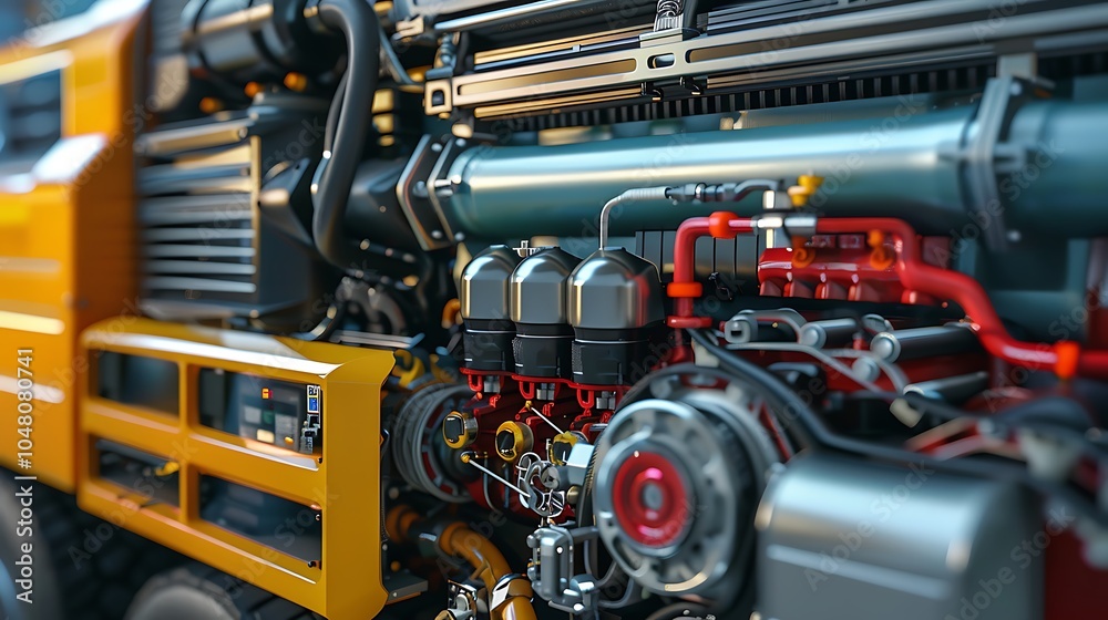 Close up of a bus engine bay with detailed components Close up of a bus engine bay with detailed components