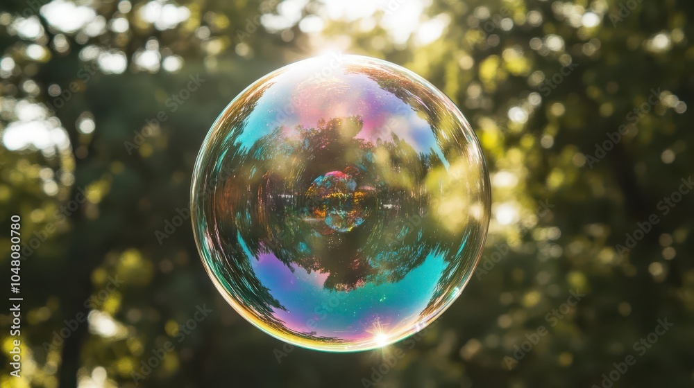 Close-up of a soap bubble with swirling rainbow colors on a soft, blurred background Close-up of a soap bubble with swirling rainbow colors on a soft, blurred background