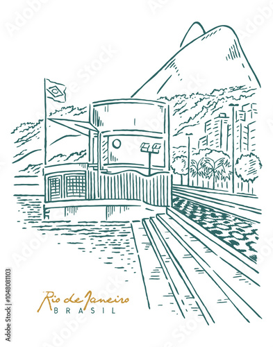 Hand-drawn illustration with free and simple lines of a landscape of the coast of Rio de Janeiro, Brazil.