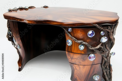 A unique wooden desk adorned with intricate designs and sparkling jewels, perfect for adding elegance to any workspace. photo