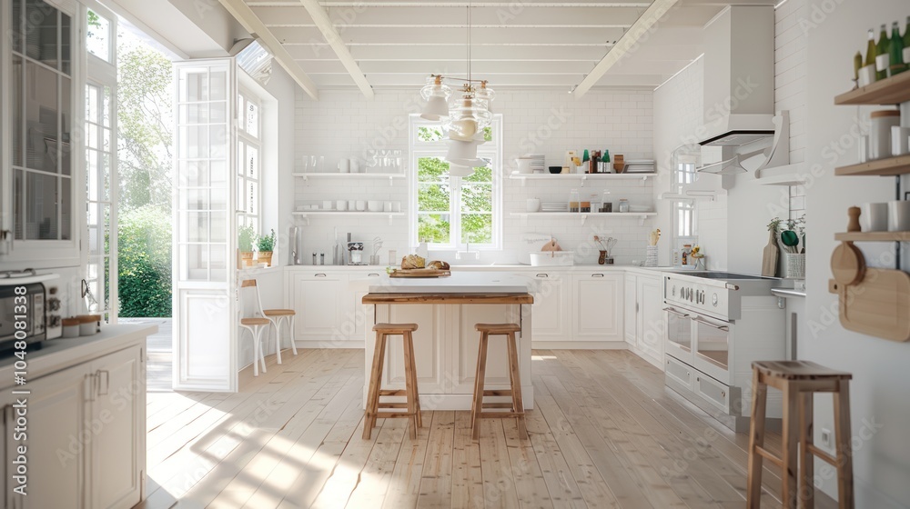 A Modern White Kitchen with a Wooden Island and Natural Light A Modern White Kitchen with a Wooden Island and Natural Light