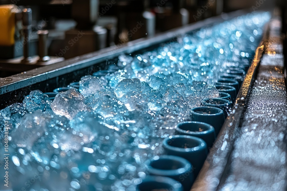 Fototapeta premium Close-up of Ice Cubes on a Conveyor Belt with Blurred Blue Cylinders