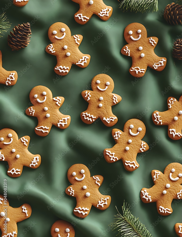 Flat Lay of Gingerbread Man Cookies with White Icing and Star-Shaped Sugar Decorations on Emerald Green Background, Glistening in Light