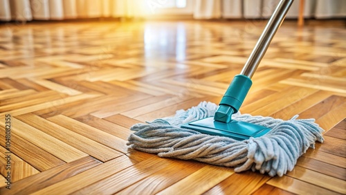 Thoroughly clean parquet floors with mop and cleanser foam for impeccable results depth of field photo