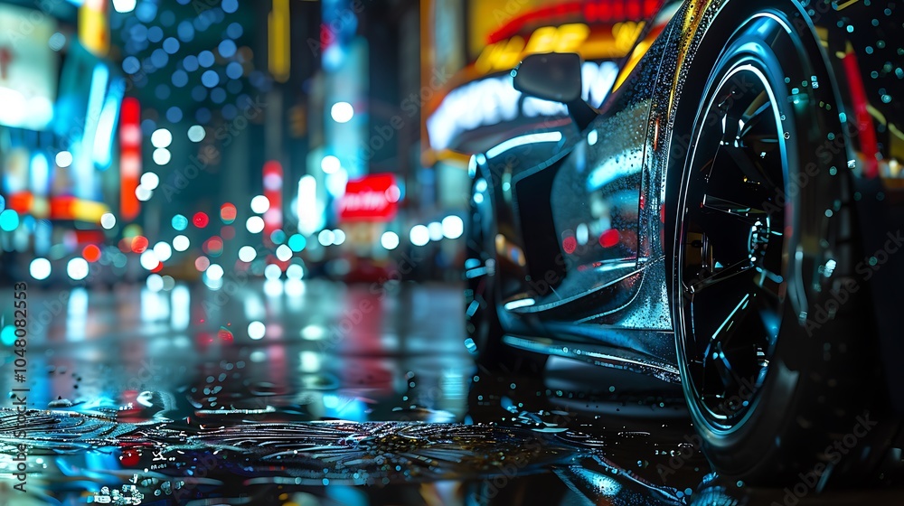 Close up of a front splitter edges glinting under city lights Close up of a front splitter edges glinting under city lights