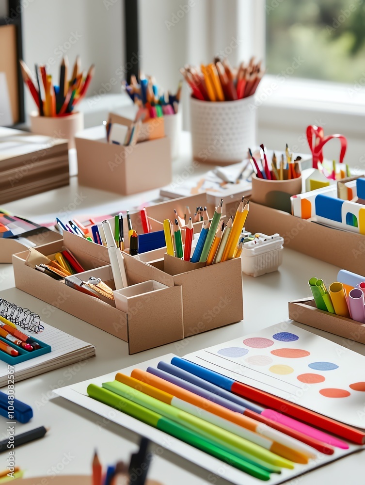 Art supplies organized neatly on a creative workspace. Art supplies organized neatly on a creative workspace.
