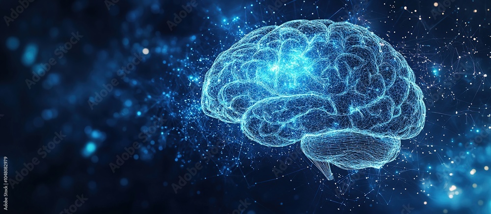 Abstract Digital Brain Representation. Abstract blue human brain. brain anatomy. Healthcare medical concept with copy space on the right side. AI generated image Abstract Digital Brain Representation. Abstract blue human brain. brain anatomy. Healthcare medical concept with copy space on the right side. AI generated image
