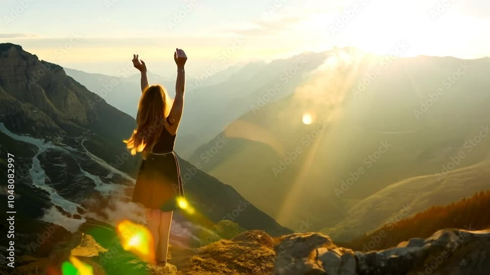 Beautiful arms Ukrainian Woman Sunrise tourist raised stands rock Carpathians landscape mountains morning top mountain sunset sky young montenegro dreadlocks up high sea girl explore adventure succes
