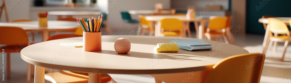 Bright classroom setup with colorful furniture and stationery.