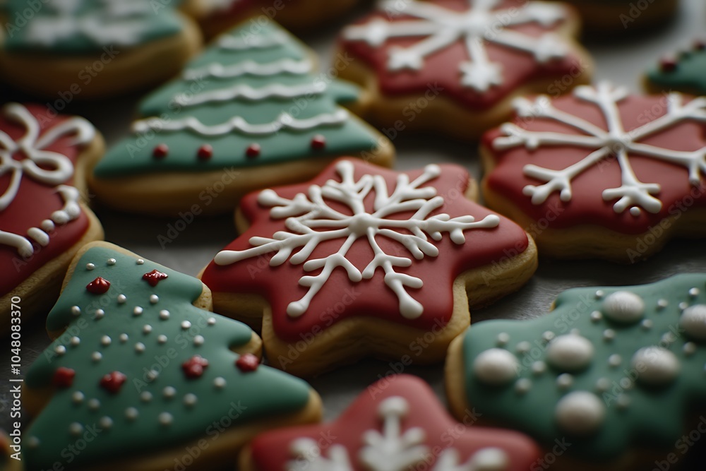 Obraz premium Close-Up of Decorated Christmas Cookies in Red and Green Colors with Snowflakes, Stars, and Trees Against a Festive Background, Featuring Insanely Detailed High-Resolution Photography