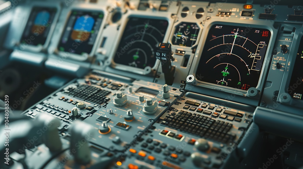 Obraz premium Close up of an airplane cockpit with detailed navigation systems