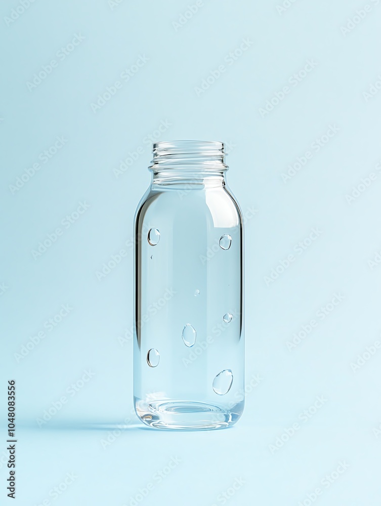 Clear glass bottle with water droplets on blue background. Clear glass bottle with water droplets on blue background.