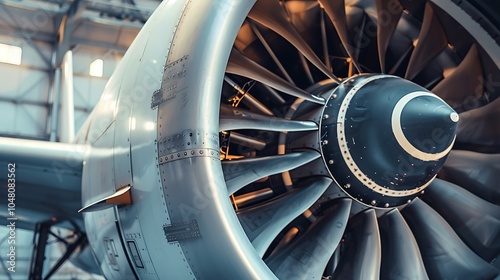 Close up of an airplane engine turbine and intake details