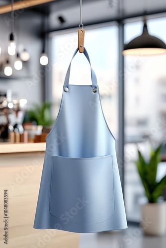 Stylish blue apron with pocket, hanging in a modern kitchen setting, perfect for cooking enthusiasts. photo