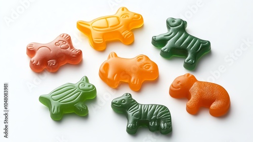 Colorful animal-shaped gummy candies on white background. photo