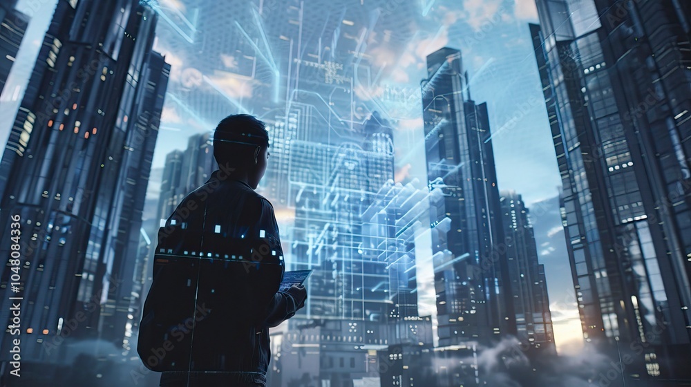 a man using digital tablet, and modern buildings hologram, Virtual Reality a man using digital tablet, and modern buildings hologram, Virtual Reality
