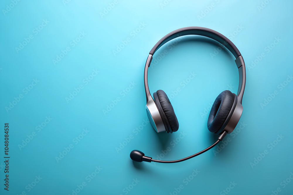 Top View of Headphones on Blue Background. Top View of Headphones on Blue Background.